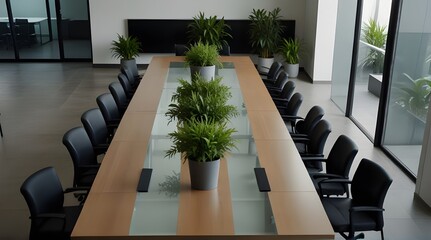 Top view of a modern conference room with a long table.generative.ai