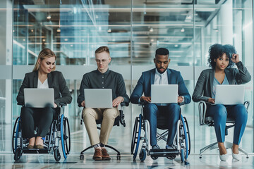 Within the sleek confines of a modern glass office, a diverse young business group, including a businessman in a wheelchair, collaborates seamlessly, each engaged with their laptop