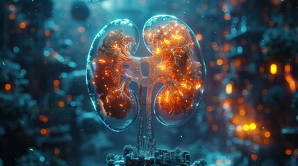 Obraz premium a 3D futuristic model of human kidneys, representing the forefront of nephrology healthcare.