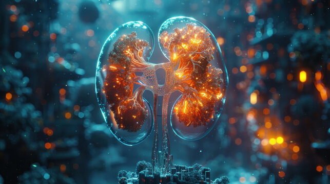 a 3D futuristic model of human kidneys, representing the forefront of nephrology healthcare.