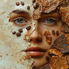 Beautiful young woman with coffee beans on the face. Collage.