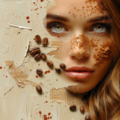 Closeup portrait of beautiful woman with coffee beans around her face.