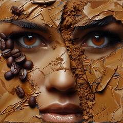 Close-up portrait of a beautiful woman with coffee beans on her face