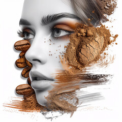 Portrait of a beautiful woman with coffee beans and powder in her face