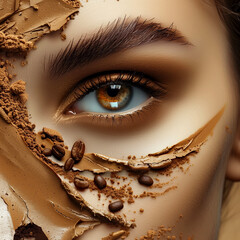 Close-up portrait of a beautiful young woman with chocolate face mask and coffee beans