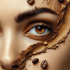 Close-up portrait of a beautiful woman with coffee beans on her face