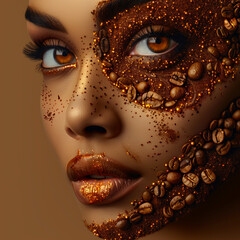 Portrait of a beautiful woman with golden make-up and coffee beans.