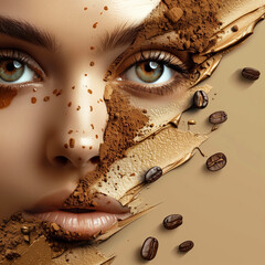 Beautiful young woman with coffee powder on face and coffee beans around