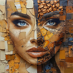 Face art collage. Portrait of a beautiful woman with coffee beans