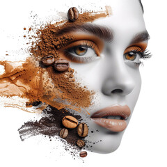Beautiful woman face with coffee powder and coffee beans on white background