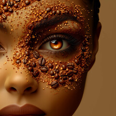 Close-up portrait of a beautiful woman with coffee beans on her face.