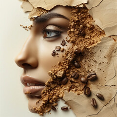 Portrait of young beautiful woman with coffee beans on the face.