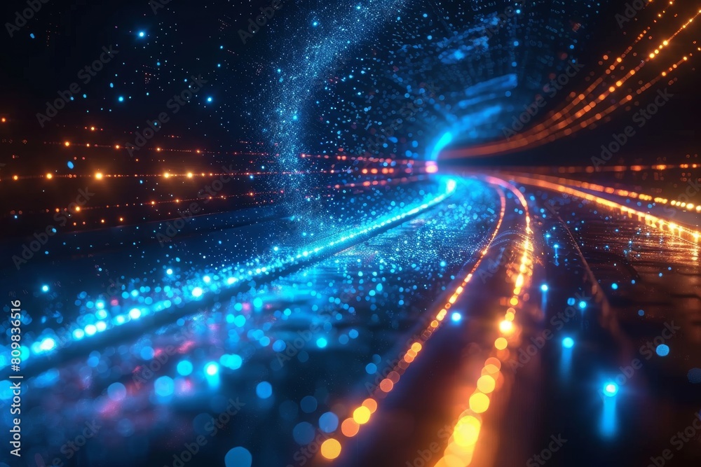 Poster vibrant image depicting a digital 3d rendering of a futuristic tunnel with active dynamic lines and 