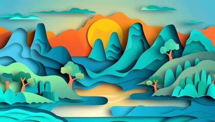 Fantasy landscape of Archipelago, where vibrant colors merge with the serene blue waters in a paper cut style, illustration template