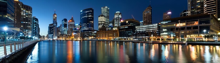 Obraz premium Featuring a bustling urban skyline at night, the image provides ample copy space, ideal for city tourism and business promotions