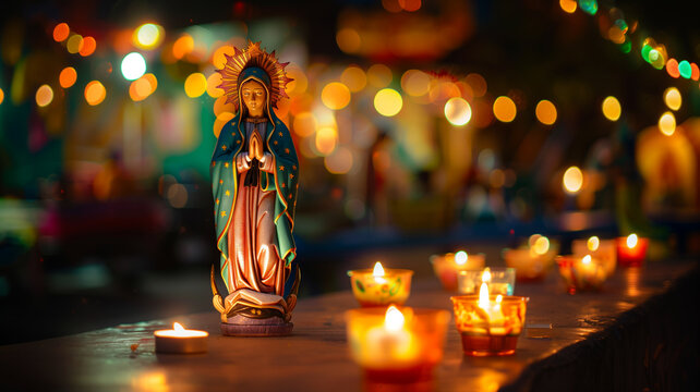 Statue of the virgin mary surrounded by lit candles