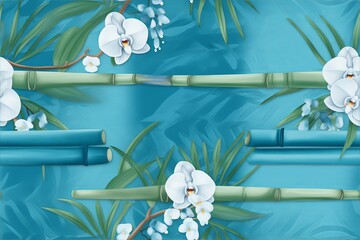 Watercolor bamboo and orchids on blue background seamless pattern
