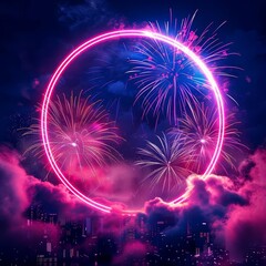 Futuristic neon of Independence Day, igniting the skies with solid color fireworks that paint a banner template sharpen with copy space