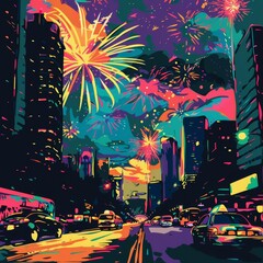 Futuristic Pop art color of a bustling city during Diwali, capturing the vivid fireworks and celebrations in a retro color style, illustration template