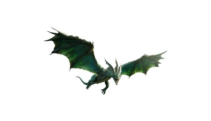 Green dragon in flight. Isolated transparent background PNG. Mythological winged beast flying. Attack pose. Majestic dragon with long wings in flight. Fierce expression. Sharp teeth.