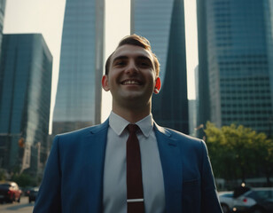 portrait of a young white entrepreneur businessman in the city, in front of skyscrapers