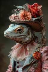 The Profile of A Lizard Dressed in Extravagant, Overly Ornate Attire Against A Single-Color Background