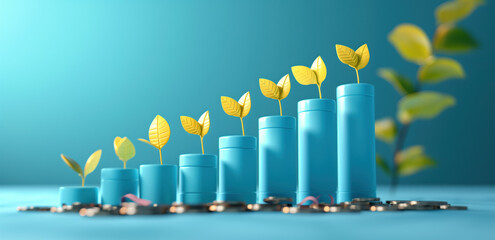 conceptual illustration of business growth with seedlings sprouting from stacks of coins against a blue background.