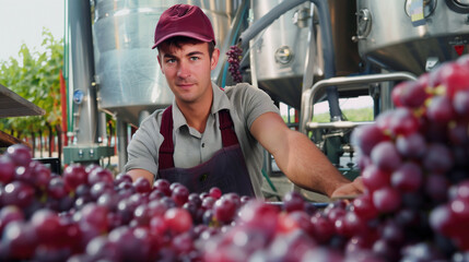 Young winemaker in a vineyard smiling confidently while inspecting freshly harvested grapes during winemaking season.