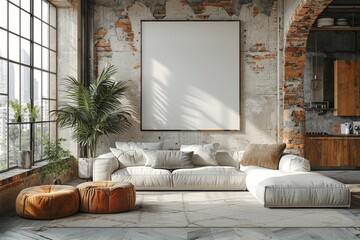 Fototapeta premium Trendy industrial loft featuring white sofas, exposed brick walls, and a large blank frame setting an artistic tone