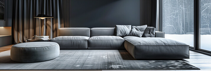 Modern Living Room with Blue and Yellow Accents, Contemporary Sofa and Stylish Decor, Bright and Airy Interior