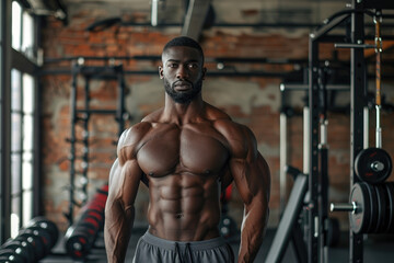 Fototapeta na wymiar Portrait of Young adult bodybuilder standing in gym