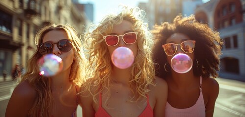 young attractive women with sunglasses are chewing gums and blowing bubbles. Summer fun vibes