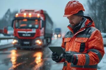 A roadside engineer clad in a reflective winter jacket uses a digital tablet during a snowy day