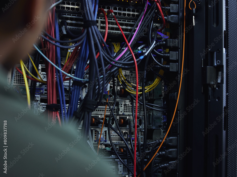 Aufkleber cables, electrical board and maintenance for technology, programming and wire in server room. circui