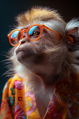 The Profile of A Monkey Wearing Sunglasses and A Brightly Colored T-shirt Against A Solid-Colored Background