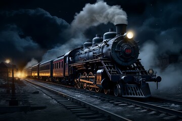 Atmospheric night scene of a classic steam locomotive leaving the station, with steam and lights