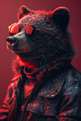 The Profile of A Bear Dressed in Grunge Attire and Sporting Sunglasses Against A Solid-Colored Background