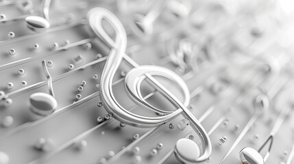 3d musical background. Treble clef and score. Musical design,musical notes on white background. Art and music creation
