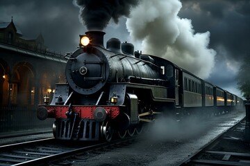 Classic steam train departs a vintage station at twilight, steam billowing into the darkening sky