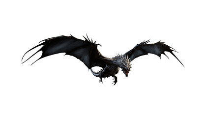 Black dragon in flight. Isolated transparent background PNG. Mythological winged beast flying. Attack pose. Majestic dragon with long wings in flight. Fierce expression. Sharp teeth.