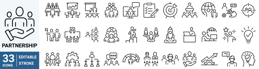 Partnership line web icons. Contains such icons as business, trust, collaboration, goal, teamwork, share, performance, knowledge and planning Editable stroke.