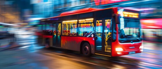 Image of a vibrant city bus in motion, perfect for public transportation advertising with ample copy space