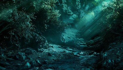 Mystery landscape of Gorge, enveloped in shadows and light, rendered in cyber color, banner template sharpen with copy space - obrazy, fototapety, plakaty