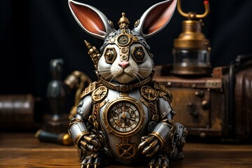Metallic Steampunk Easter rabbit. Fluffy bunny. Generate ai
