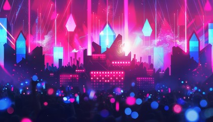 Neon style of a music festival, where each beat is visualized in a retro color spectrum, forming an energetic synth wave