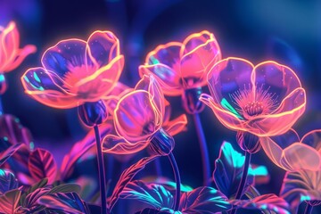 Neon style of Mothers Day flowers blooms in the digital age, rendered in synthwave color, creating an eternal spring on a kawaii template