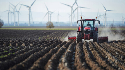 Fototapeta premium Tractor cultivating soil in a field with wind turbines in the background