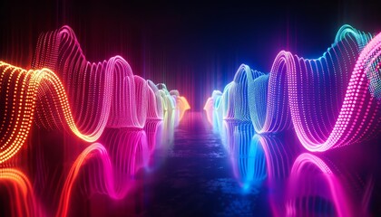 Neon style of a music festival, where each beat is visualized in a retro color spectrum, forming an energetic synth wave