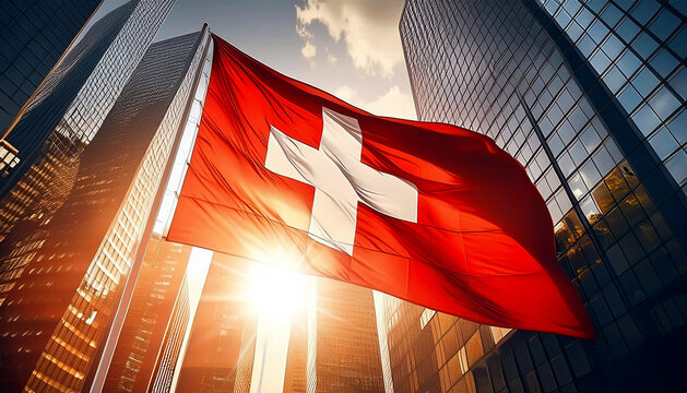 Close-up and bottom view of a Swiss national flag, with flagpole, blowing in the wind with tall skyscrapers on background at sunset or sunrise, backlit. Generative Ai.