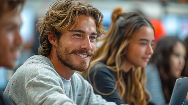 mixed students in a class speaking together, containing one person with a computer